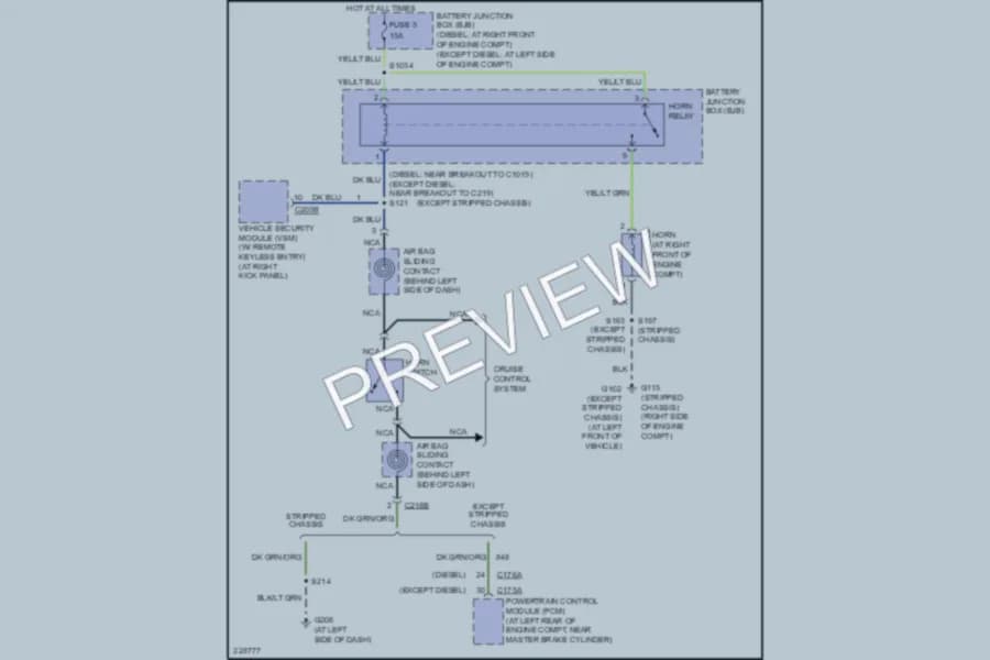 2006 Ford E150 Horn wiring diagram preview with protected circuit layout