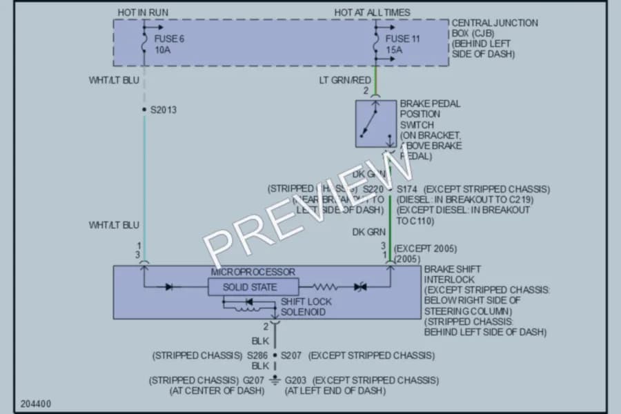 2006 Ford E350 Super Duty Shift Interlock wiring diagram preview with protected circuit layout