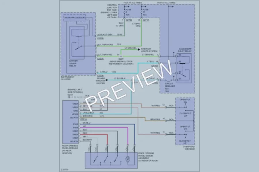 2006 Ford F350 Super Duty Power Top Sunroof wiring diagram preview with protected circuit layout