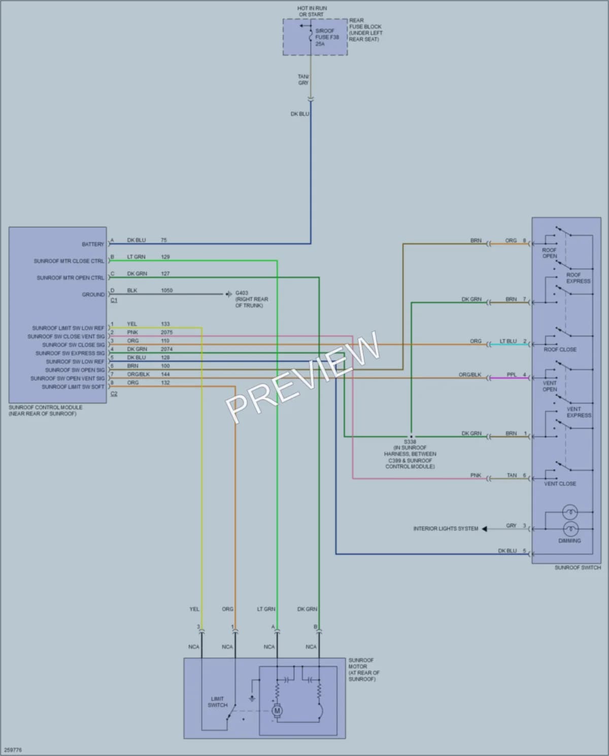 2007 Cadillac DTS Power Top Sunroof wiring diagram preview