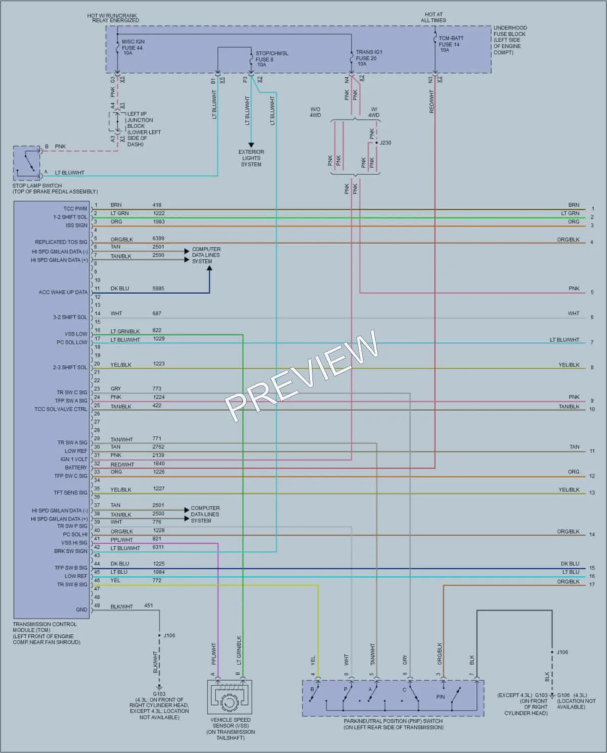 2007 Chevrolet 1500 Transmission wiring diagram preview with protected circuit layout