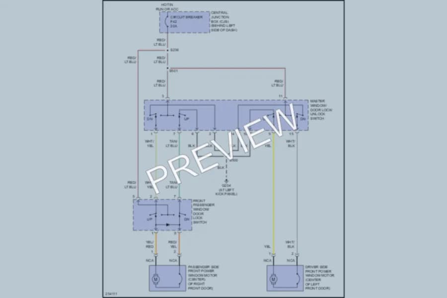 2007 Ford E350 Super Duty Power Windows wiring diagram preview with protected circuit layout