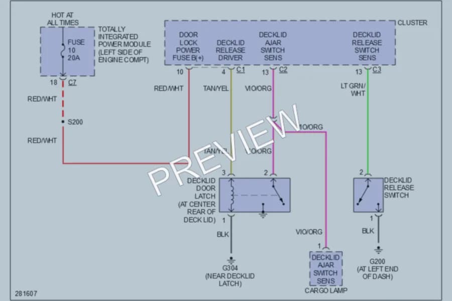 2008 Chrysler 4D Sedan Trunk Tailgate Fuel Door wiring diagram preview with protected circuit layout