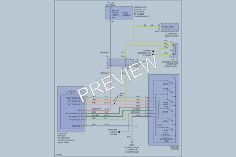2008 GMC 1500 Power Top Sunroof wiring diagram preview with protected circuit layout