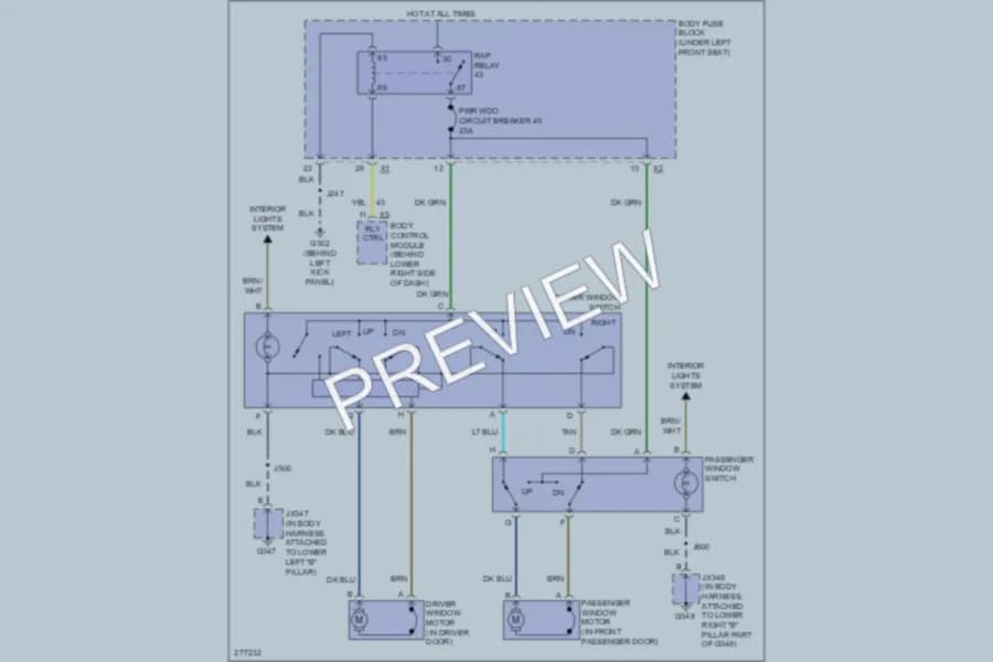 2009 Chevrolet G1500 Power Windows wiring diagram preview with protected circuit layout