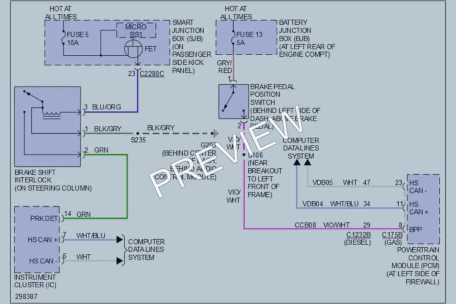 2009 Ford F350 Super Duty Shift Interlock wiring diagram preview with protected circuit layout