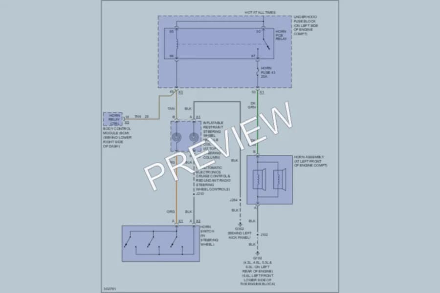 2009 GMC G3500 Horn wiring diagram preview with protected circuit layout