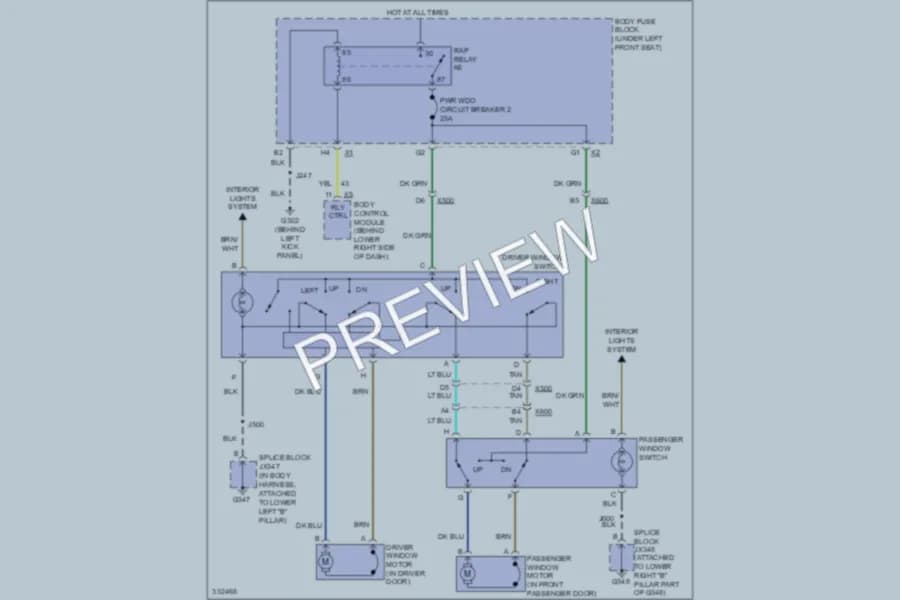 2010 Chevrolet G3500 Power Windows wiring diagram preview with protected circuit layout