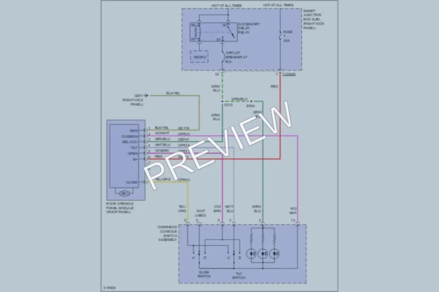 2010 Ford F150 Power Top Sunroof wiring diagram preview with protected circuit layout