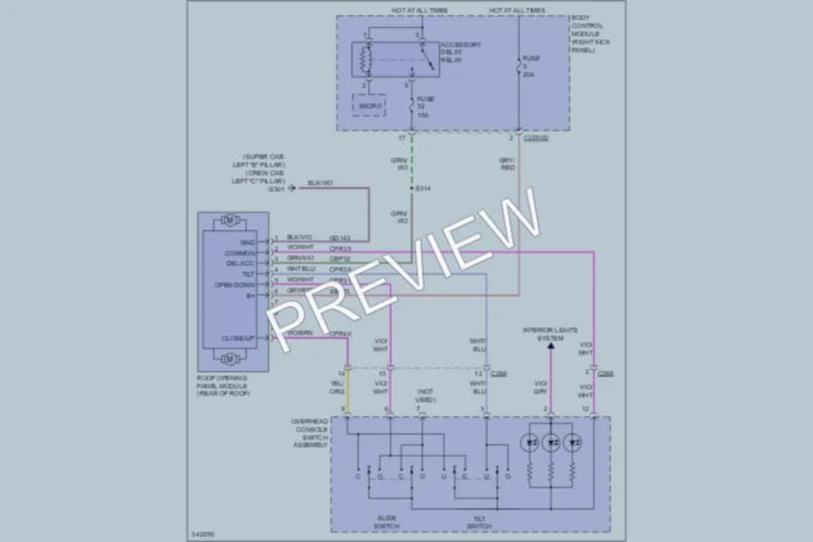 2011 Ford F350 Super Duty Power Top Sunroof wiring diagram preview with protected circuit layout