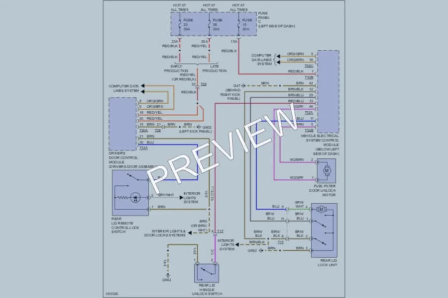 2011 Volkswagen 4D Wagon Trunk Tailgate Fuel Door wiring diagram preview with protected circuit layout