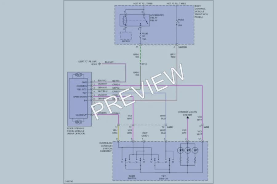 2012 Ford F350 Super Duty Power Top Sunroof wiring diagram preview with protected circuit layout