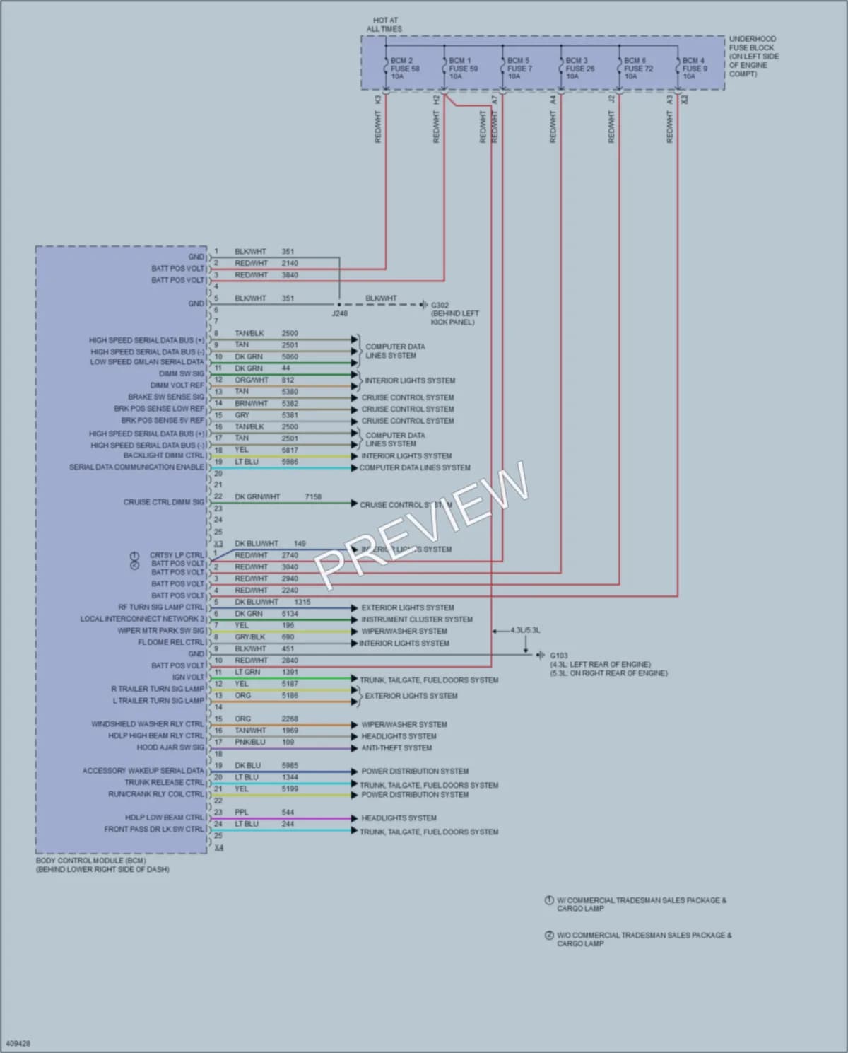 2013 GMC G1500 Body Control Modules wiring diagram preview with protected circuit layout