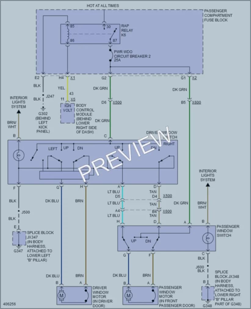 2013 GMC G3500 Power Windows wiring diagram preview with protected circuit layout