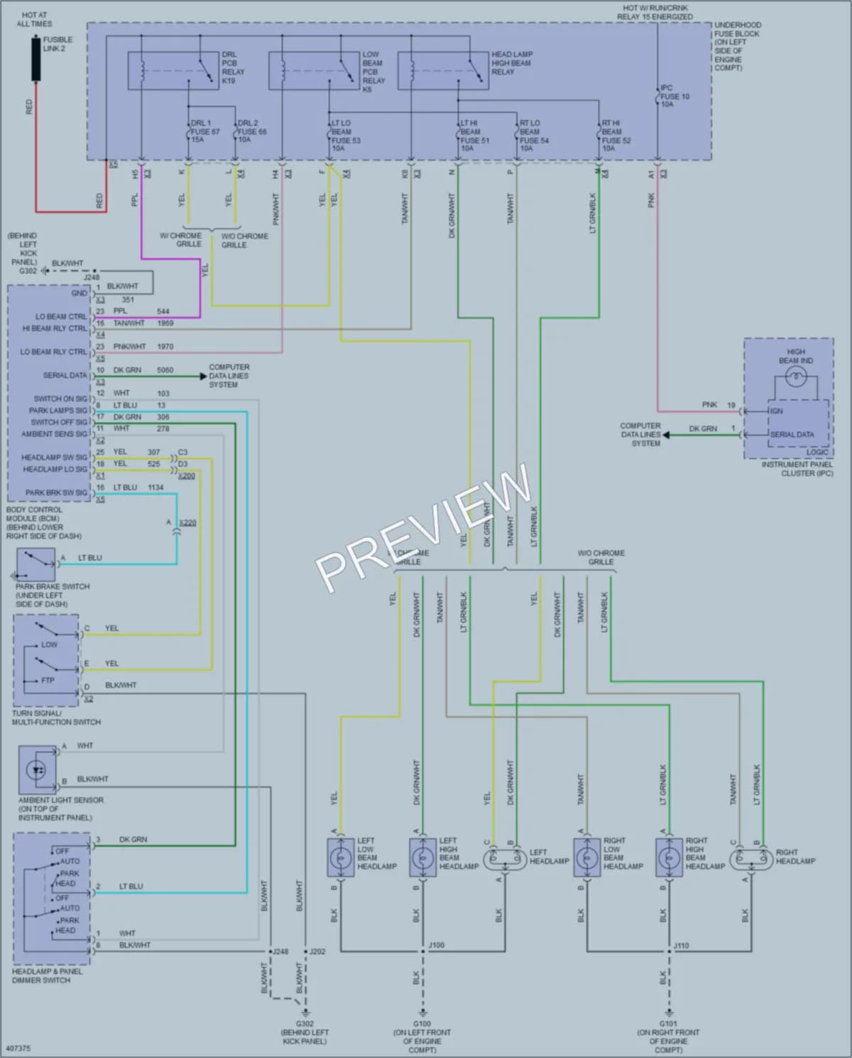 2013 GMC H1500 Headlights wiring diagram preview with protected circuit layout