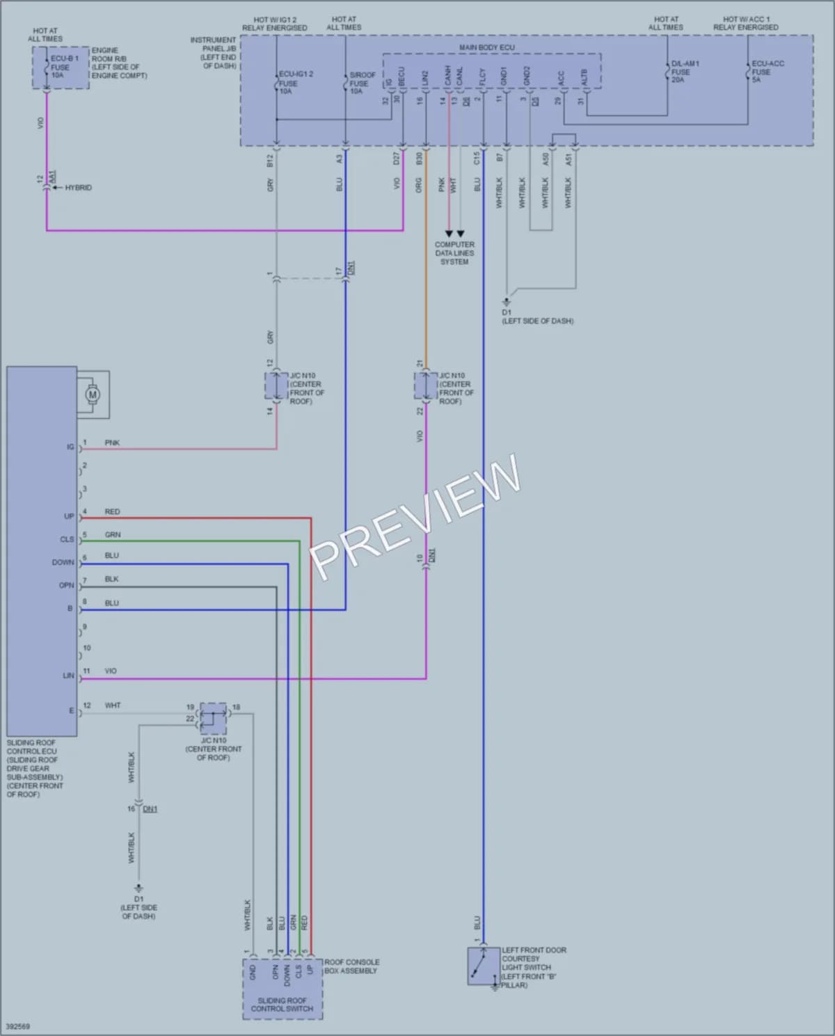 2013 Toyota AvalonHybrid Power Top Sunroof wiring diagram preview