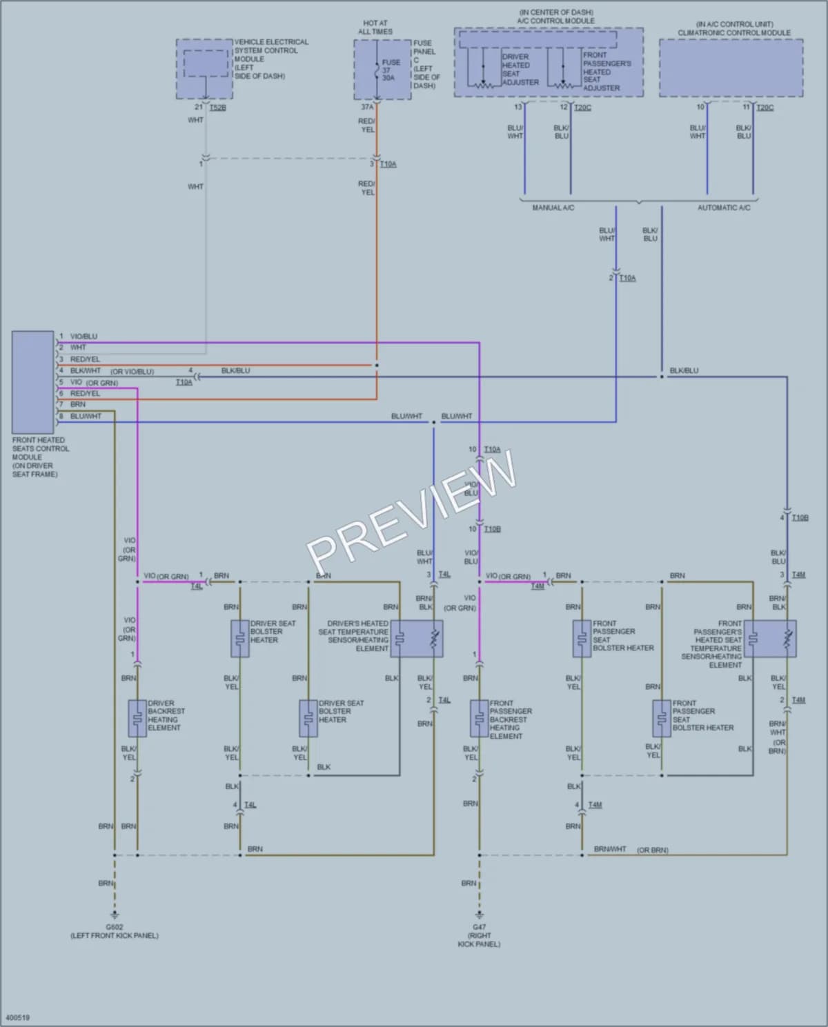 2013 Volkswagen 4D Wagon Power Seats wiring diagram preview with protected circuit layout