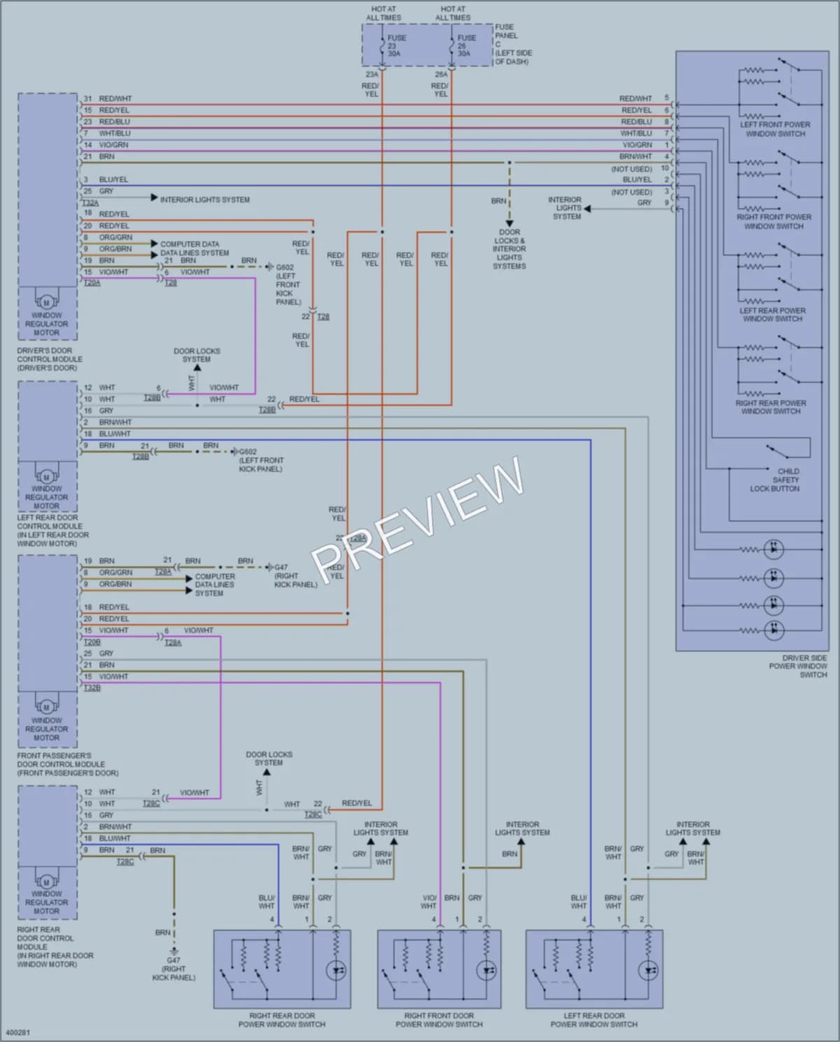 2013 Volkswagen 4D Wagon Power Windows wiring diagram preview with protected circuit layout