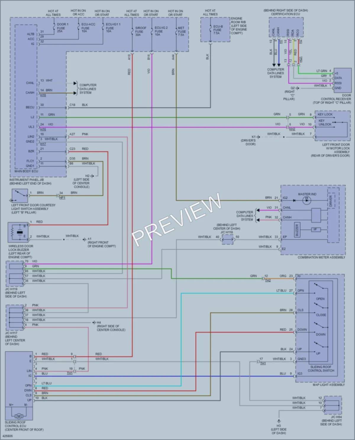 2014 Lexus CT200h Power Top Sunroof wiring diagram preview