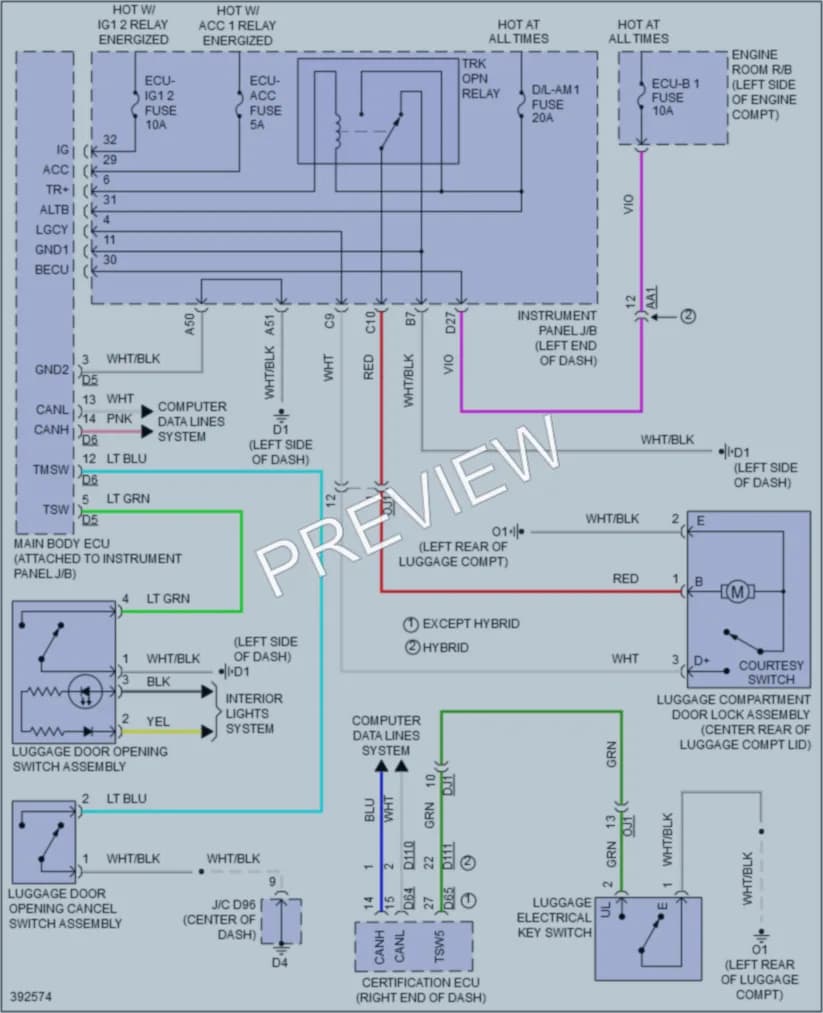 2014 Toyota AvalonHybrid Trunk Tailgate Fuel Door wiring diagram preview