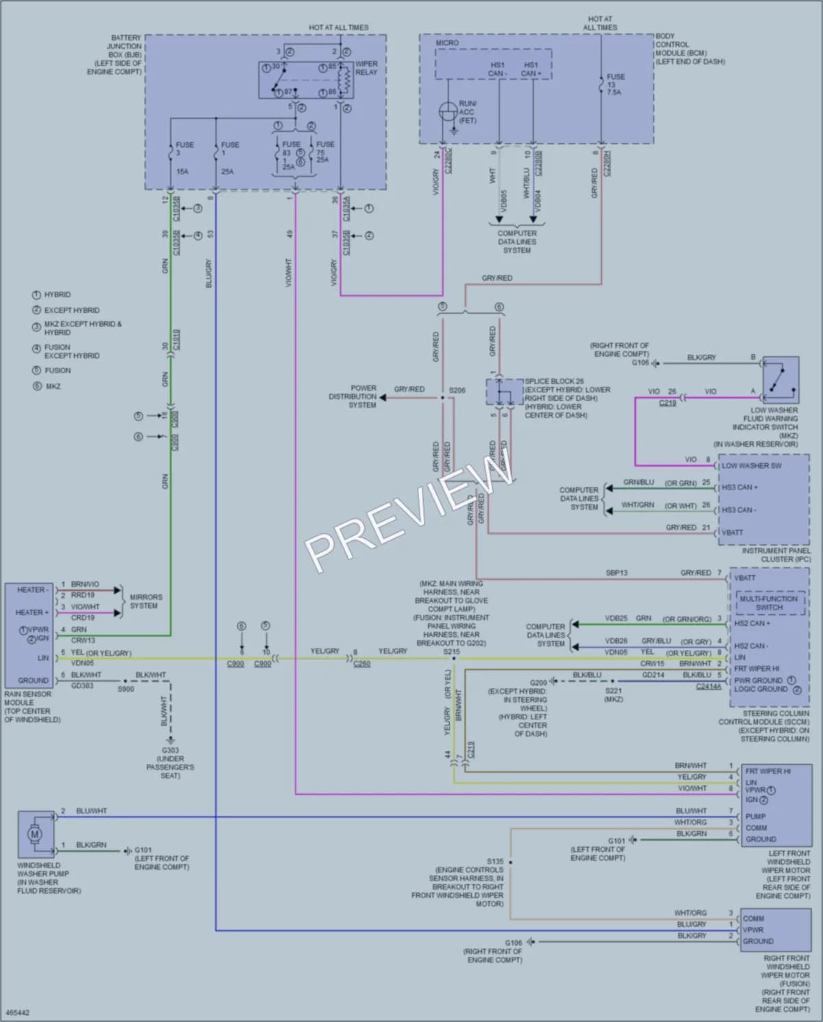 2015 Lincoln MKZHybrid Wiper Washer wiring diagram preview