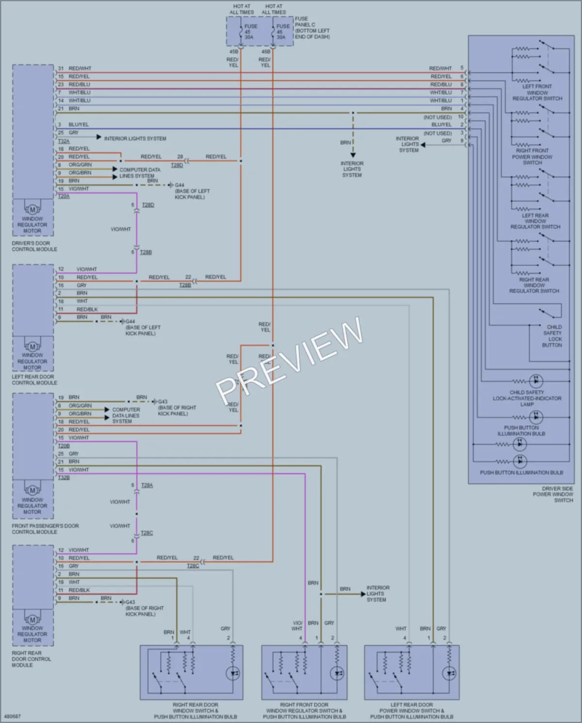 2015 Volkswagen 4D Sedan Power Windows wiring diagram preview with protected circuit layout