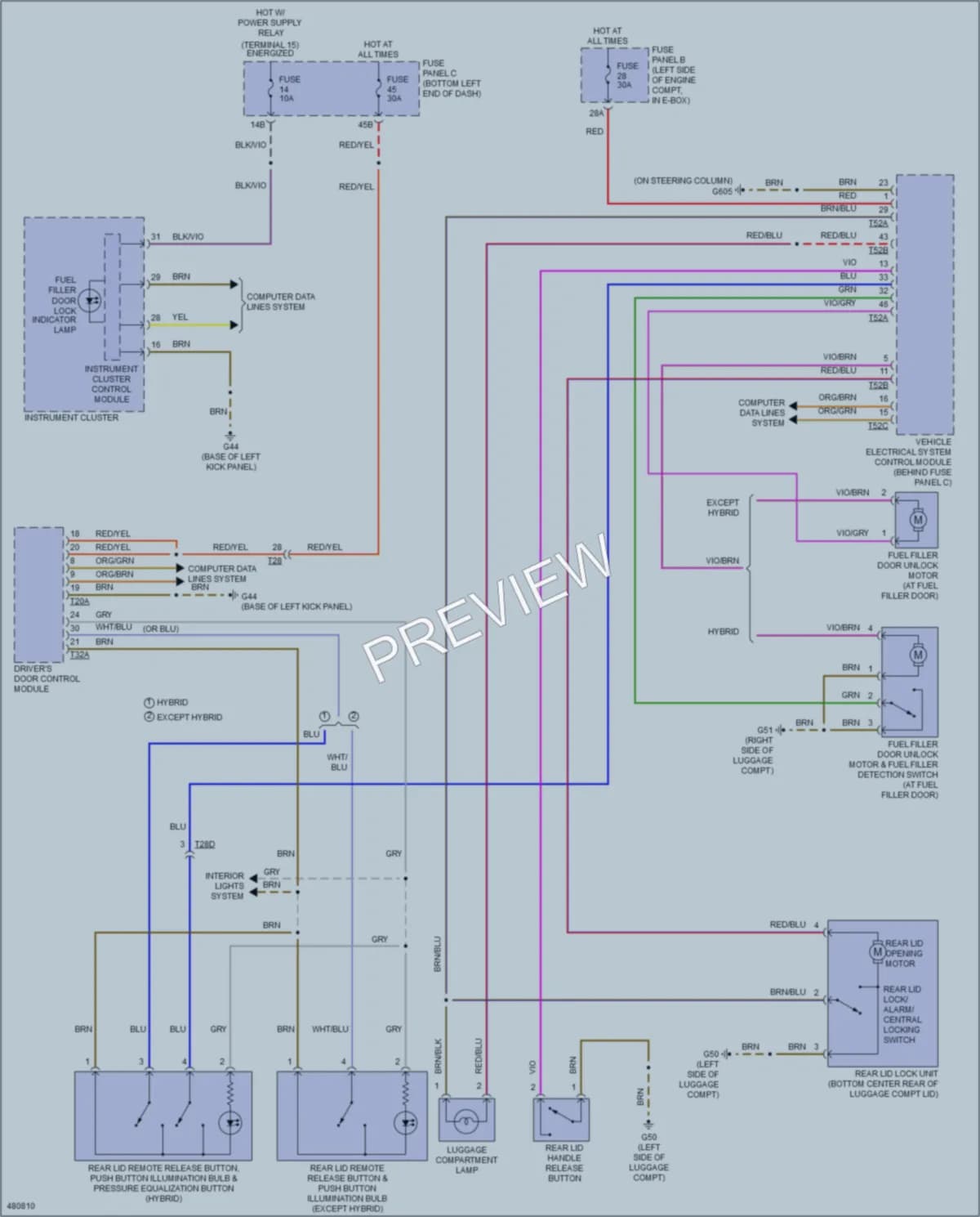 2015 Volkswagen 4D Sedan Trunk Tailgate Fuel Door wiring diagram preview with protected circuit layout