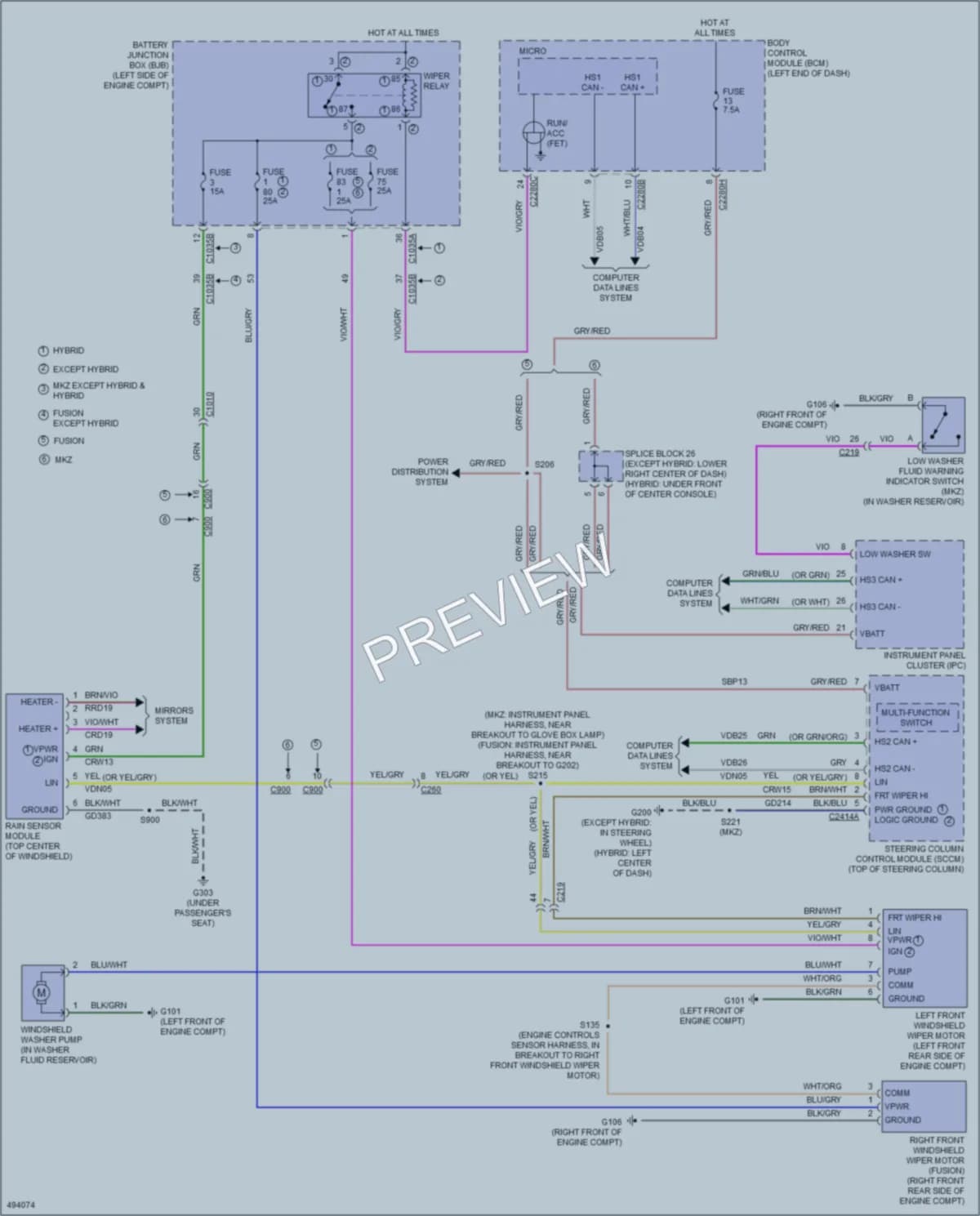 2016 Lincoln MKZHybrid Wiper Washer wiring diagram preview