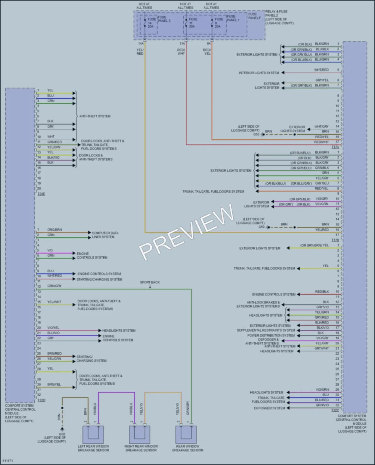 2018 Audi 4D Hatchback Body Control Modules wiring diagram preview with protected circuit layout