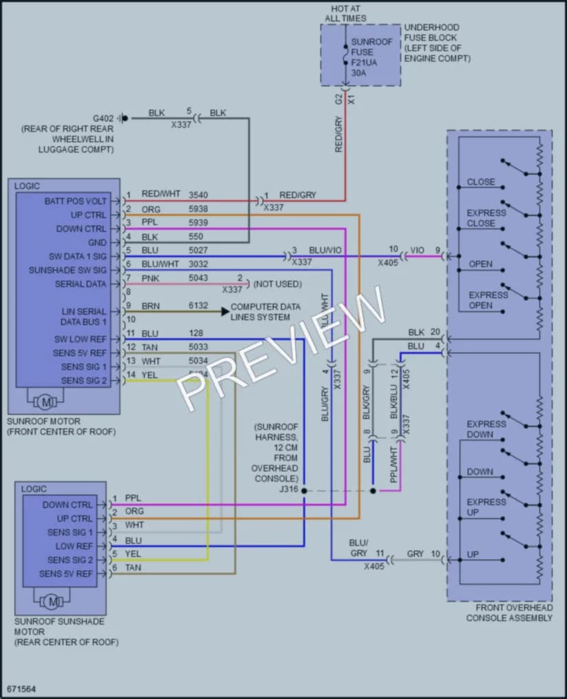 2019 Chevrolet MalibuHybrid Power Top Sunroof wiring diagram preview