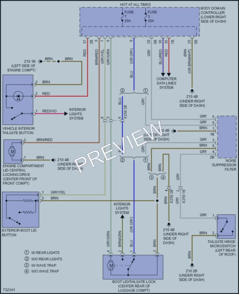 2020 BMW S Trunk Tailgate Fuel Door wiring diagram preview with protected circuit layout
