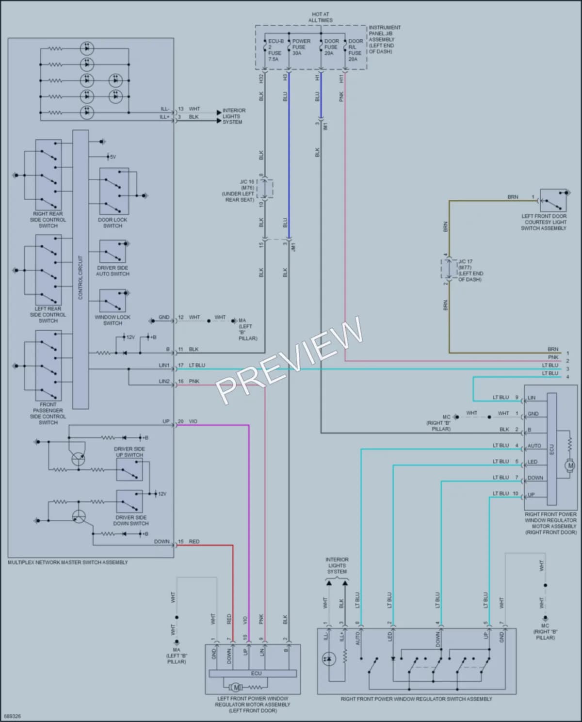 2020 Toyota Fwd Power Windows wiring diagram preview with protected circuit layout