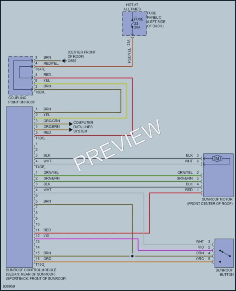 2023 Volkswagen Arteon Power Top Sunroof wiring diagram preview